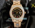 Replica Rolex Day Date Gold Iced Out Watch Black Diamond Dial For Sale
